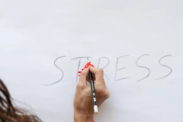 Stresskonzept Wortbetonung Auf Weißem Papier Mit Schwarzem Gebrochenen Bleistift — Stockfoto