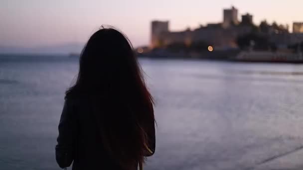 Krásná Dívka Sleduje Západ Slunce Nad Mořem Stojí Venku Těší — Stock video