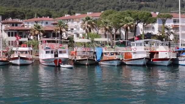 Filmaufnahmen Von Kleinen Hölzernen Fischerbooten Luxuriösen Segelbooten Und Yachten Bodrum — Stockvideo