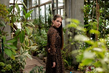 Açık hava sera portresi, bereketli yeşillikler, uzun elbiseli kadın, sakin doğa konsepti..