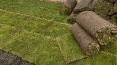 Çim rulolarının yakın çekimi, sentetik çimen malzemesi dokusu ve inşaat konsepti.