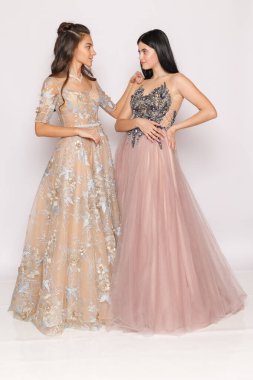 Stüdyoda zarif pastel elbiseler içinde poz veren iki kadın, nedime ve moda konsepti, temiz arka plan..