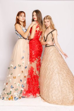 Trio posing with luxury evening gowns, celebration concept, boutique catalog.
