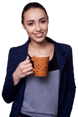 mutlu gülümseme iş izole kadın kahve beyaz arka plan