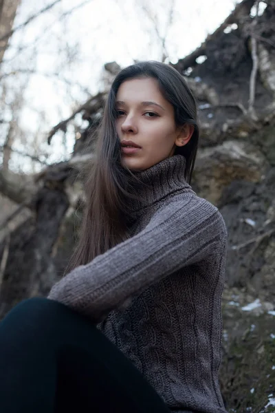 Foto de moda al aire libre joven hermosa dama bosque de abedul —  Fotos de Stock