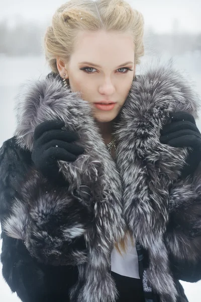 Wintermädchen im Luxus-Pelzmantel — Stockfoto