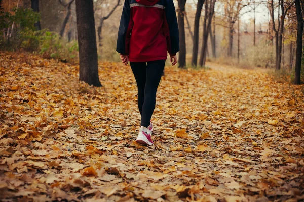 Fitness Girl in esecuzione al tramonto nella foresta arancione autunno — Foto Stock