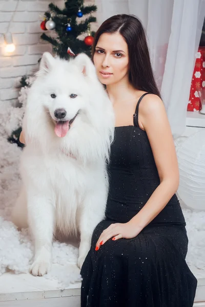 Mädchen und weißer Hund in der Nähe eines Weihnachtsbaums — Stockfoto