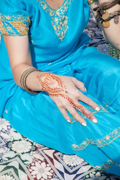 Indian pattern on the hand, henna. INDIAN NATIONAL COSTUME