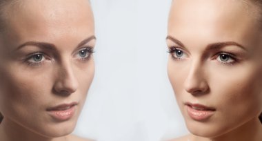 Önce ve sonra kozmetik işlemi. Genç güzel kadın portre