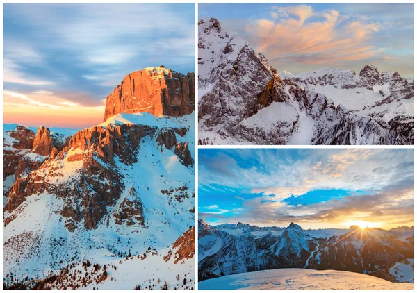 Collage of high mountains snowy winter landscapes — Stock Photo, Image