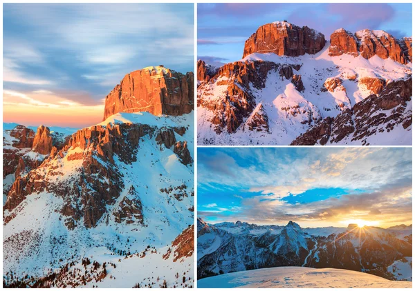 Collage of high mountains snowy winter landscapes — Stock Photo, Image