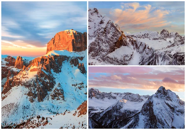 Collage of high mountains snowy winter landscapes — Stock Photo, Image