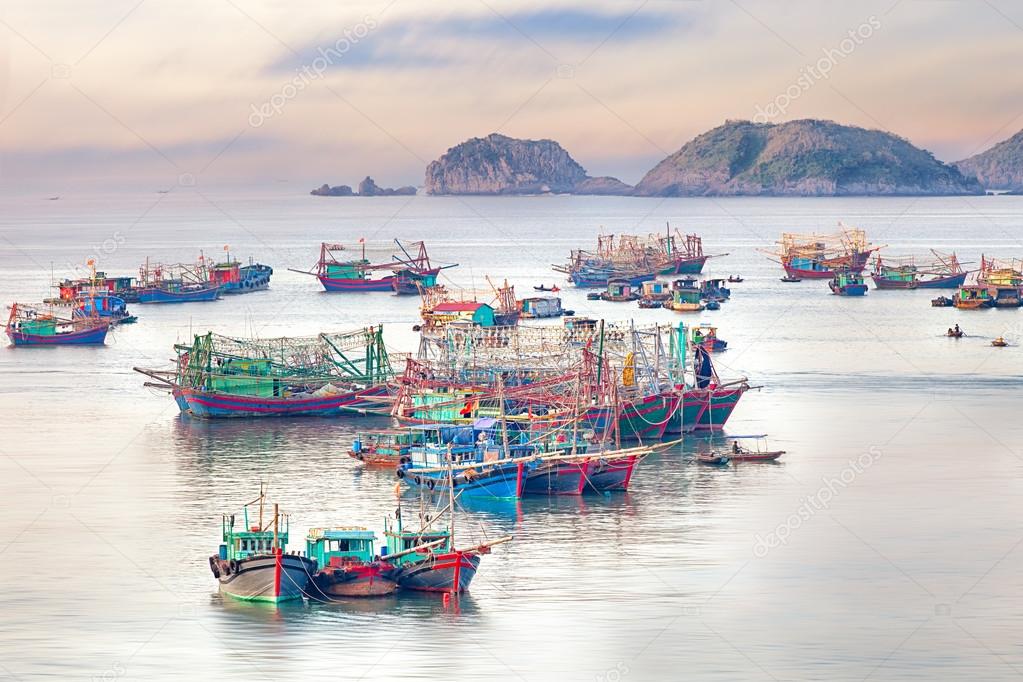 Dreamy seascape with authentic colourful boats