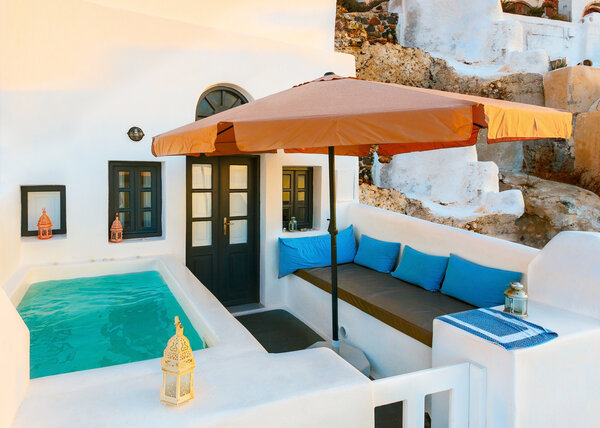 Santori. patio with swimming pool