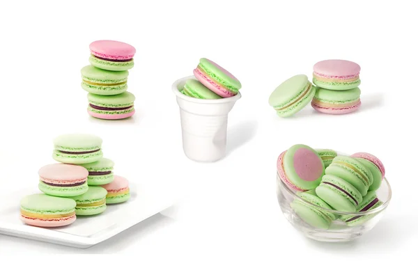 Macarons isolated on white collage — Stock Photo, Image