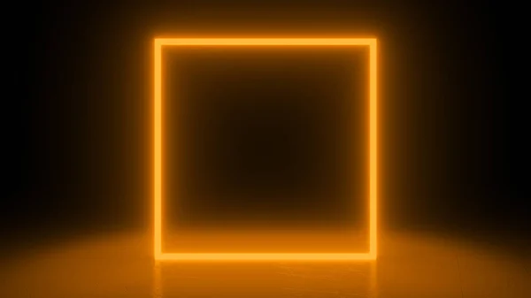 Square neon orange light in black hall room. Abstract geometric background. Futuristic concept. Glowing in concrete floor room with reflections. 3d rendering