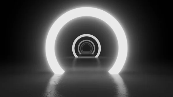 Circle neon white light in black hall room. Abstract geometric background. Corridor of forms. Futuristic concept. Glowing in concrete floor room with reflections. 3d rendering