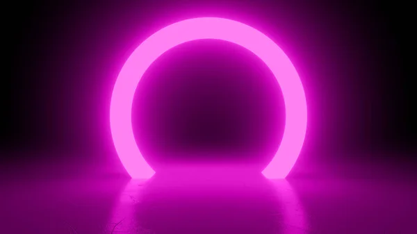 Circle neon pink light in black hall room. Abstract geometric background. Futuristic concept. Glowing in concrete floor room with reflections. 3d rendering