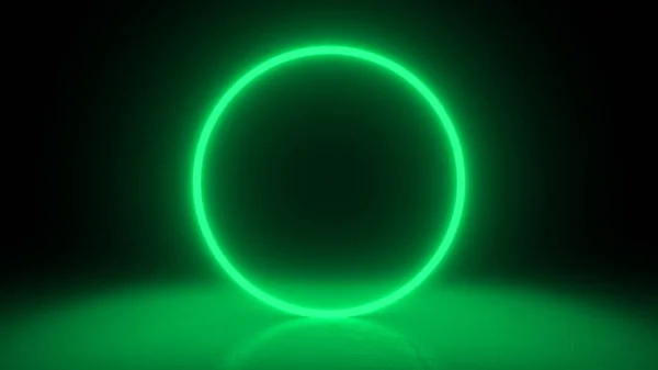 Circle neon green light in black hall room. Abstract geometric background. Futuristic concept. Glowing in concrete floor room with reflections. 3d rendering
