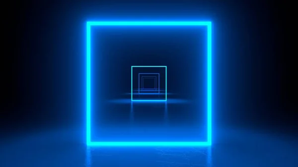 Square neon blue light in black hall room. Abstract geometric background. Corridor of forms.