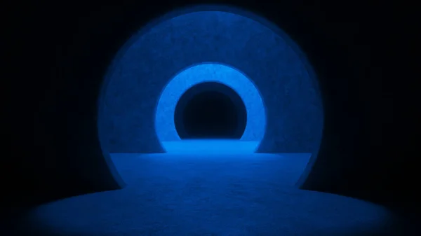 Abstract illuminated empty corridor interior made of gray concrete. Glowing blue lines with shadow, neon light rays. Hallway arch tunnel corridor on dark background. 3d rendering