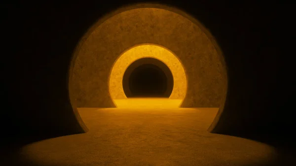 Abstract illuminated empty corridor interior made of gray concrete. Glowing orange lines with shadow, yellow light rays. Hallway arch tunnel corridor on dark background. 3d rendering