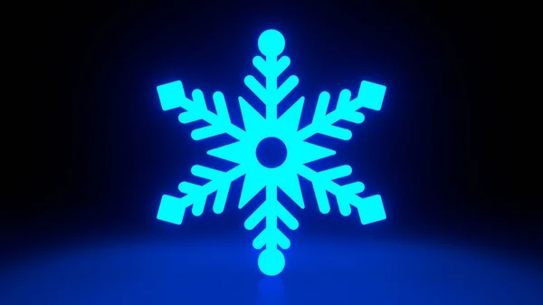 Blue snowflake. Glows symbol on darkness blue black background. New Year or Christmas decoration element. Realistic holiday ornament. 3d rendering illustration