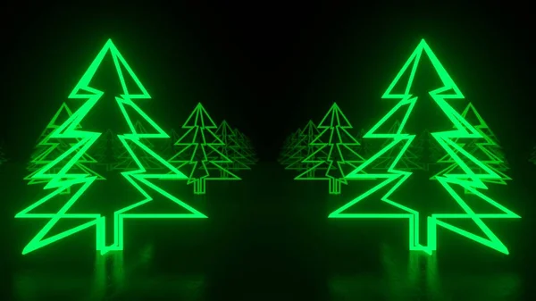 Christmas trees, green neon glow icon on darkness black background. Alley of trees. Abstract winter holiday concept. Blank empty space for your copy or another design. 3D rendering illustration