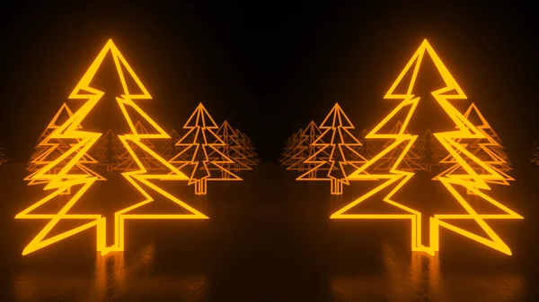 Christmas tree, blue neon glow icon on darkness black background. Abstract winter holiday concept. Blank empty space for your copy or another design. 3D rendering illustration