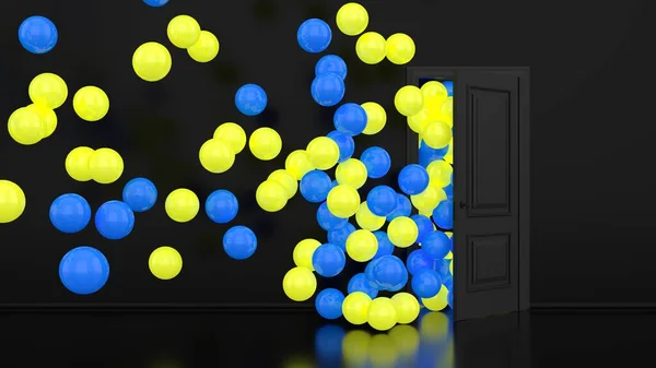 Yellow and blue glowing balloons fly away through open door in office interior. Multi-colored balls pouring out of the open black doors into a dark room. Abstract greeting black background. 3d render