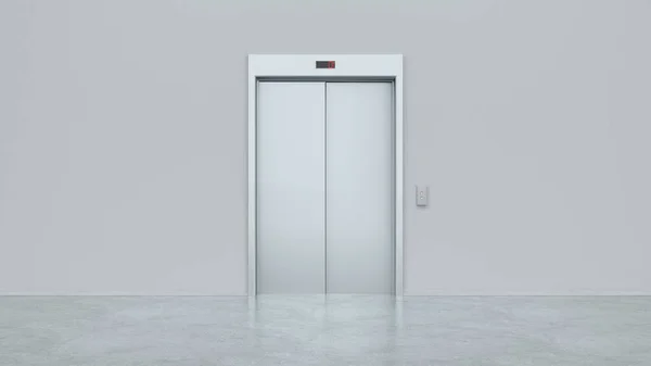 Blank silver closed elevator in office floor interior mock up, front view. Modern lift with closed metal doors. Business center or hotel lifting template. Success and possibilities concept. 3d render