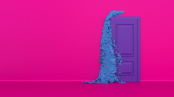 Bright colorful blue water or paint flows into the pink room from the opening purple door. Streams of liquid flooding the floor. Colorful interior with pink walls. Sweet green splash. 3d animation, 4K — Stock Footage Bright Colorful Blue Water Paint Flows Pink Room Opening Purple — Stock Video
