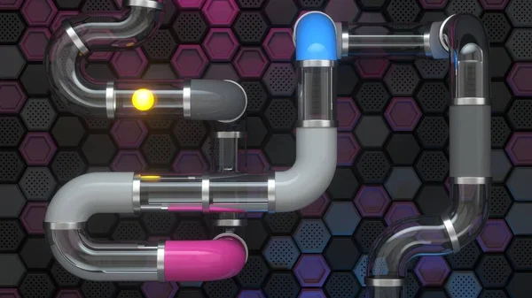 Futuristic glass pipeline with gray and white plastic glossy inserts and metal rings.  System of pipes conducting fluid. Multicolored hexagonal background. Running yellow glowing ball. 3d render