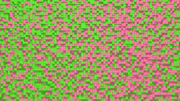 Pink green small box cube random geometric background. Abstract square pixel mosaic illustration. Land block background. Fantasy fractal design. Digital art. 3D rendering