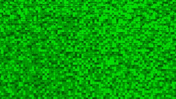 Green small box cube random geometric background. Abstract square pixel mosaic illustration. Land block background. Fantasy fractal design. Digital art. 3D rendering