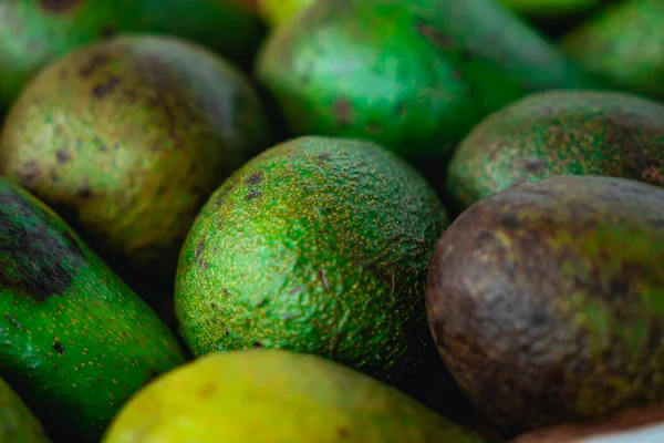 Green ripe avocados. Concept of healthy fruit also useful in cosmetics. Fresh healthy avocado on a table. Stack of avocado in grocery store. Industry of selling products. Spinning. Close up