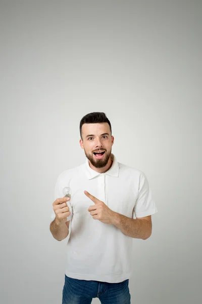 Young cool bearded man idea concept, happy young student coming up with an idea or solution. isolated on white — Stock Photo, Image