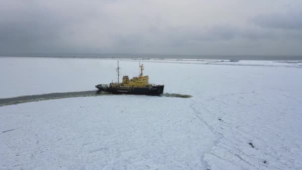 無人機は壮大な砕氷船に横に変形しました,凍結無限の海で雪氷を破る映画の浮遊砕氷船.対照的な赤と青のデッキ。ホライズンオープンスペース。旅行 — ストック動画