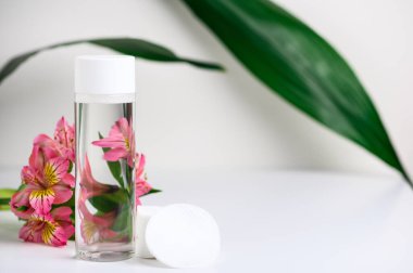 Çiçekler ve yapraklarla bezenmiş, doğal şeffaf mikiler suyu ve pamuk pedleri. Temiz ve taze cilt için temizleyici bir makyaj losyonu. Plastik ambalajda makyaj çıkarıcı.