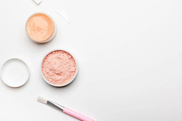 Jars Alginate Clay Bubble Mask Brushes Top View Powdery Pink — 스톡 사진