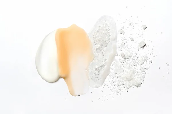 Mix Textures Cream Lotion Liquid Gel Sea Salt White Background — Foto Stock