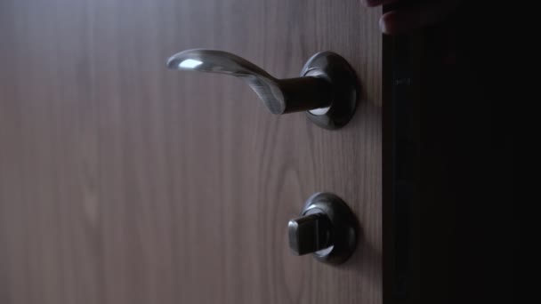 Woman Bony Hand Touches Doorway Board Closes Slowly Brown Wooden — Stock Video