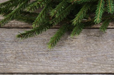 ahşap zemin üzerine yeşil Noel ağacı dalı