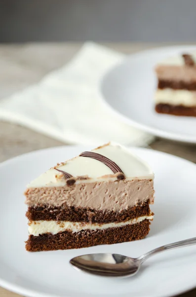 Pedazo de pastel de chocolate en un plato blanco — Foto de Stock