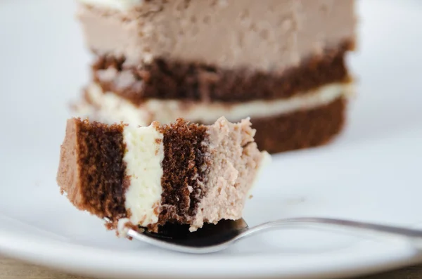 Pièce de gâteau au chocolat sur une assiette blanche — Photo