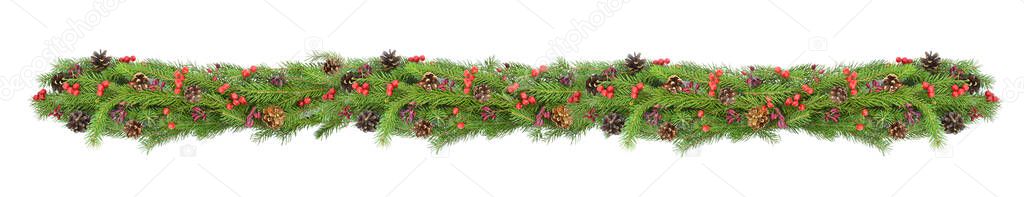Christmas garland of fresh spruce branches with red berries and pine cones. Decorative border. Christmas holiday, New Year, winter concept.