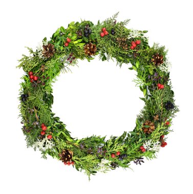 Beyaz arka planda koni ve böğürtlenlerle süslenmiş, yemyeşil dallardan oluşan doğal bir çelenk. Noel kompozisyonu.