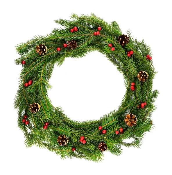 Traditional christmas wreath with pine cones and red berries isolated on a white background. Christmas holiday. — Stock Photo, Image