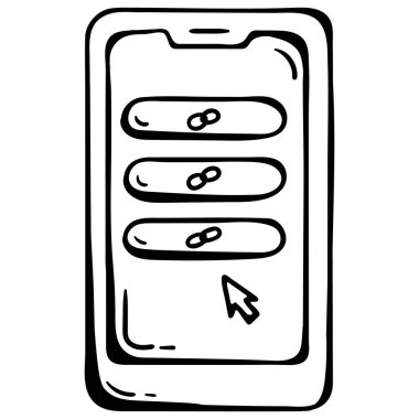 Gezici bir biyografi bağlantısını temsil eden Doodle simgesi. Çoklu bağlantı düğmeleri ve fare imleci olan bir akıllı telefon özelliği. SMM hizmetleri, etkili pazarlama araçları ve bio link web sitesi yapımcıları için idealdir. Minimalist elle çizilmiş vektör çizimi.